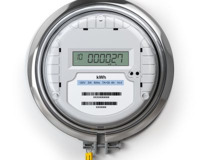 Digital electric meter with lcd screen isolated on white. Electricity consumption concept. 3d illustration